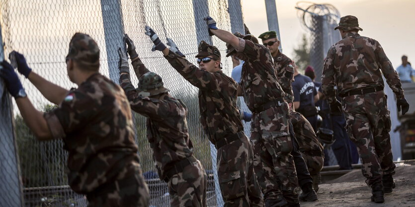 Ungarische Soldaten errichten einen Zaun an der Grenze zu Serbien.