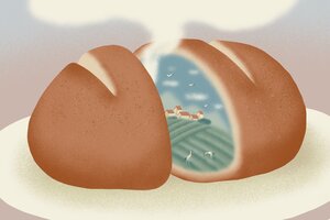 Illustration: Ein Brot ist geteilt, das Innere zeigt eine dörfliche Szenerie
