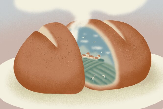Illustration: Ein Brot ist geteilt, das Innere zeigt eine dörfliche Szenerie
