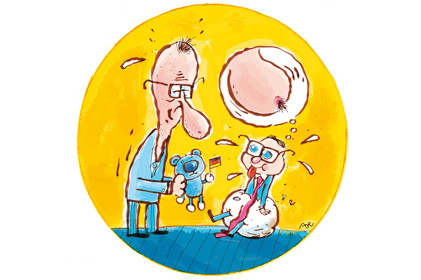 Farbiger Cartoon: Friedrich Merz will einem kindlichen Carsten Linnemann in Anzug und mit Krawatte einen Teddy mit Deutschlandfahne in der Pfote schenken. Der denkt beim Anblick von Merz' Glatze allerdings an eine weibliche Brust