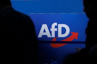 Das AfD Logo. Davor menschliche Schatten.