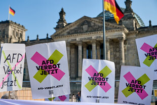 Protestschilder auf denen steht: AFD VERBOT JETZT