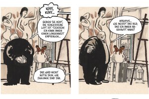 Zwei Bilder aus dem Comic zeigen eine Szene, in der der Künstler das Bild verkauft