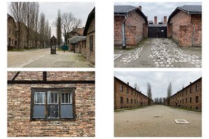 Vier Fotos zeigen Gebäude, Wege und Fassaden des Konzentrationslagers Auschwitz.