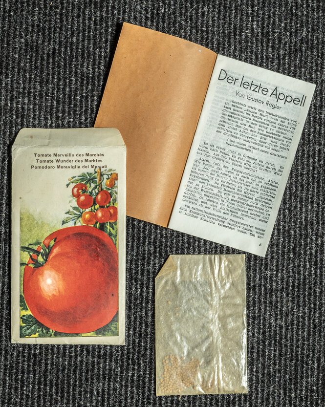 Auf dem Tisch liegt ein Päckchen mit Samen für Tomatenpflanzen, die Samen in einer extra Verpackung und die Tarnschrift auf Dünnpapier: Der letzte Appell