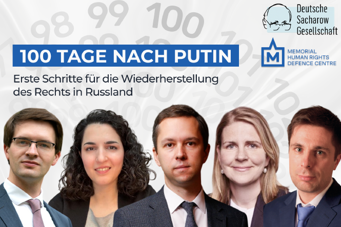 Man sieht die Portraits der Speaker:innen und den Titel der Veranstaltung: 100 Tage nach Putin