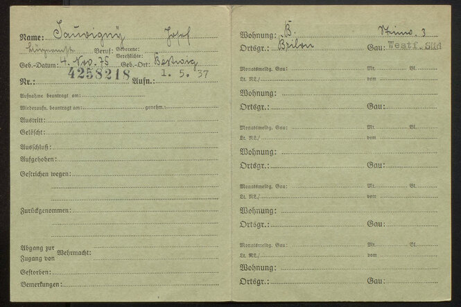 Auszug aus der NSDAP-Zentralkartei zu Josef Sauvigny