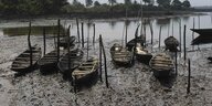ölverschmutzte Kanus an einem See in Nigeria