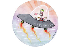 Die Illustration zeigt ein Ufo mit der Aufschrift 