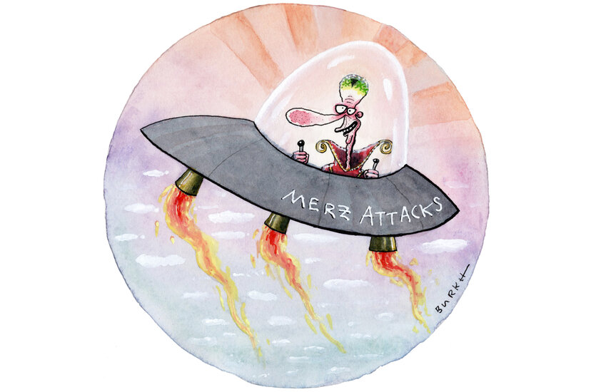 Die Illustration zeigt ein Ufo mit der Aufschrift "Merz attacks", in dem Friedrich Merz sitzt