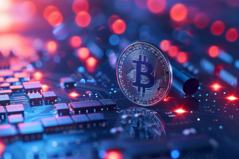 Bitcoin auf der Hauptplatine eines Computers (Symbolbild)
