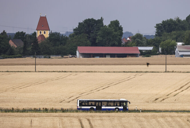 Ein Bus fährt zwischen zwei Feldern über eine kleine Landstraße.