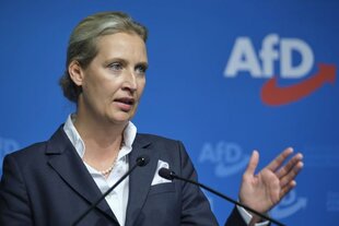 Zu sehen ist Weidel bei einer Ansprache vor blauem Hintergrund mit AfD-Logo.