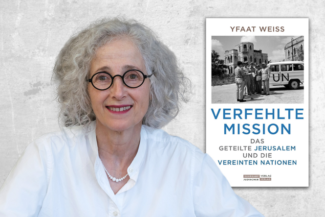 Man sieht ein Portrait von Yfaat Weiss und das Buchcover des Buchs "Verfehlte Mission".