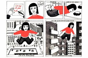 Eine Comic-Zeichnung auf der eine Person mit rotem Oberteil durch die Luft fliegt