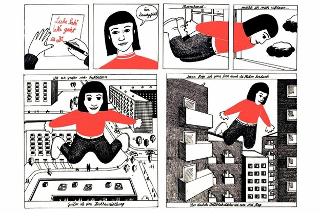Eine Comic-Zeichnung auf der eine Person mit rotem Oberteil durch die Luft fliegt