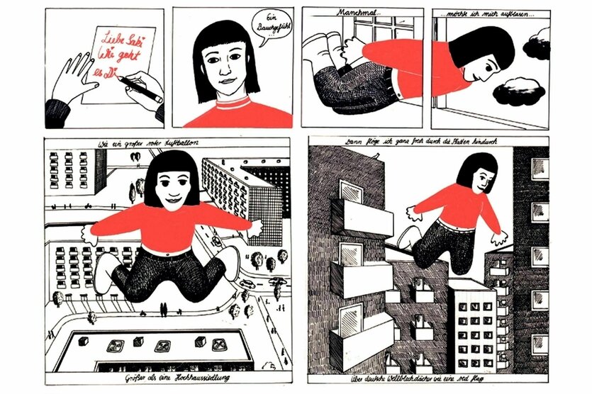 Eine Comic-Zeichnung auf der eine Person mit rotem Oberteil durch die Luft fliegt