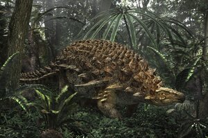 Die Nachbildung eines Dinosauriers im dichten Regenwald