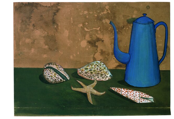 Ein Bild von Ernst Schroeder zu sehen ist eine Kaffeekanne, Muscheln und ein Seestern