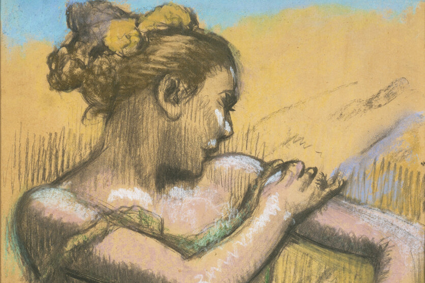 Zeichnung einer Tänzerin, die sich mit der Hand über die Schulter streift