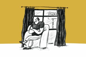 Illustration einer Person, die vor einem Schild sitzt, auf dem 