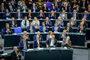 Abgeordnete der AFD sitzen im Bundestag und applaudieren