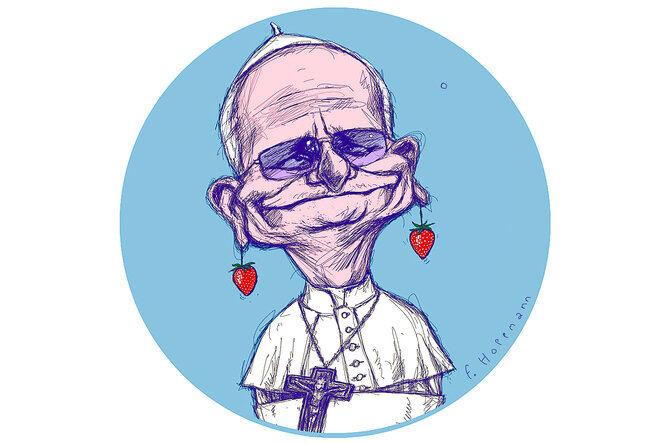 Der neue Papst Leo der vierzehnte karikiert von Frank Hoppmann mit Erdbeerohrringen