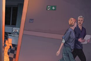 Illustration:Der Schatten eines Mannes fällt in ein Krankenzimmer, in dem eine ältere Person im Bett liegt, Pflegepersonal läuft auf dem Flur vorbei
