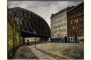 Ein Gemälde zeigt eine Stahlbrücke über einer Straße