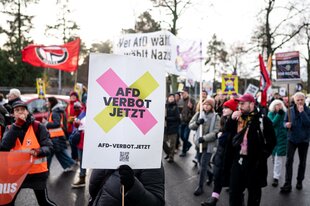 Demonstration, auf dem ein Plakat "AfD Verbot jetzt" fordert.