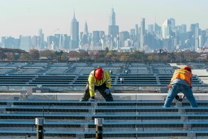 Elektriker installieren im New Yorker Stadtteil Queens Solarpaneele auf dem Dach der Garage des Terminals B am Flughafen LaGuardia