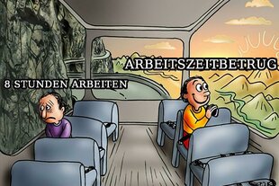 Eine Illustration von zwei menschen, die in einem Bus sitzen