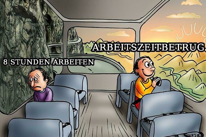 Eine Illustration von zwei menschen, die in einem Bus sitzen