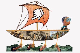 Illustration digitale Sklavenarbeiter tippen in Tastaturen auf einer Galeere