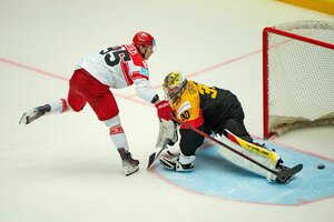Zwei Eishockeyspieler vor dem Tor