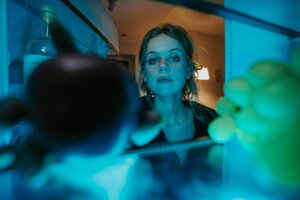 Eine Frau blickt auf das Gemüse und Obst in ihrem Kühlschrank