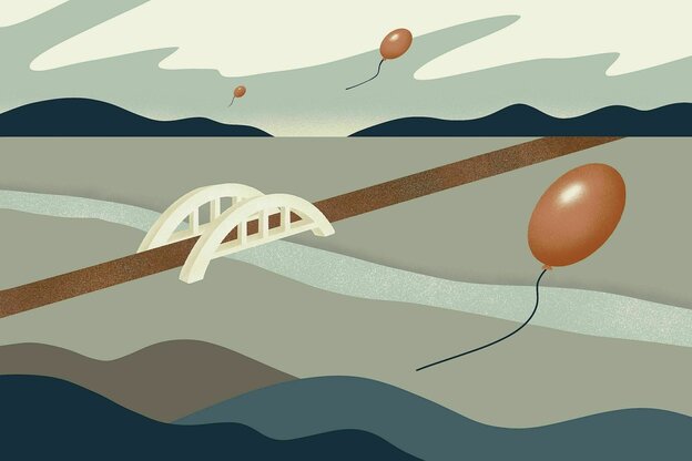 Illustration einer Brücke mit Luftballons im Himmel