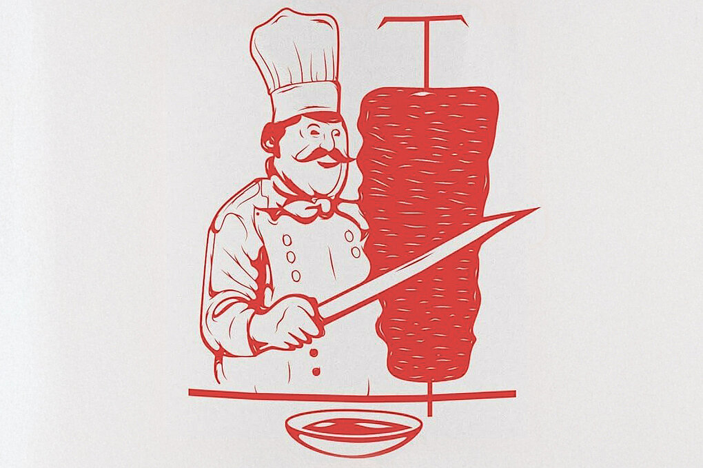 Das Logo von "Döner Kebab" zeigt eine männliche Person mit einem Messer in der Hand und einem Dönerspieß
