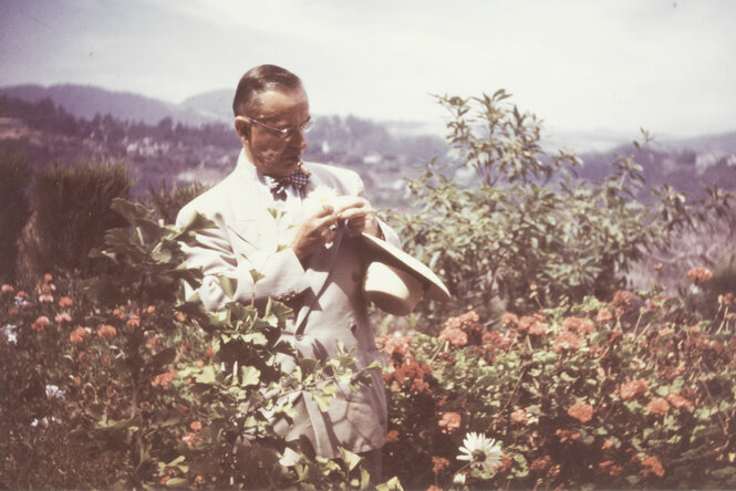 Thomas Mann steht in einem Strauch.