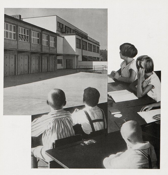 Eine Collage aus historischen Schwarz-weß-Aufnahmen. Man siehr Schüler und Schülerinnen und ein Schulgebäude