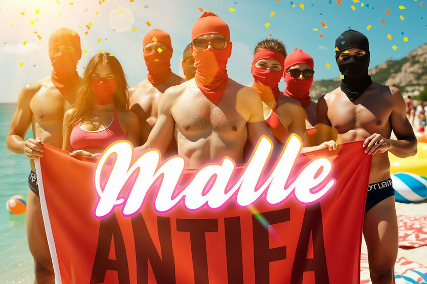 Vermummte Menschen am Strand hinter einem Badetuch auf dem "Malle Antifa" steht