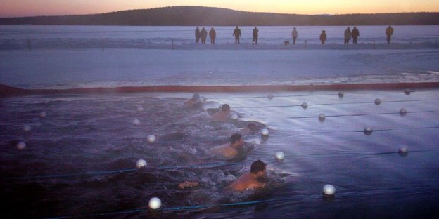 Mehrere Schwimmer nehmen an einem Eisschwimm-Wettbewerb in Lappland teil.