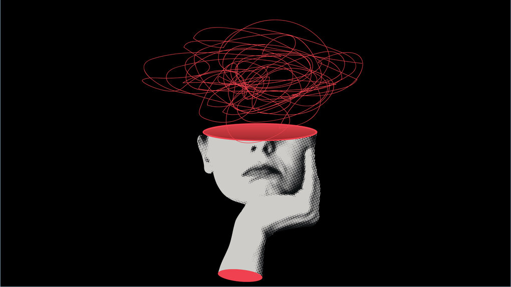 Illustration einer Person mit Gekrakel im Kopf.