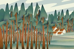 Illustration zeigt eine Wald und Häuser.