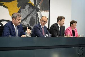 Markus Söder, Friedrich Merz, Lars Klingbeil und Saskia Esken bei der Pressekonferenz nach der ersten Sitzung des Koalitionsausschusses von Union und SPD im Kanzleramt