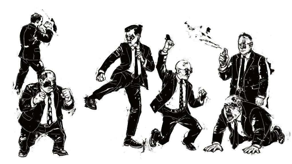 Schwarz-weiß Illustration von Männern, die boxen oder Waffen halten