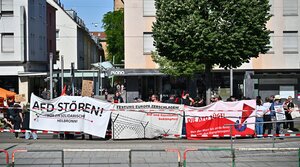 Mehrere Menschen stehen hinter Transpis mit Anti-AfD-Sprüchen auf einem Bürgersteig vor Hausfassaden