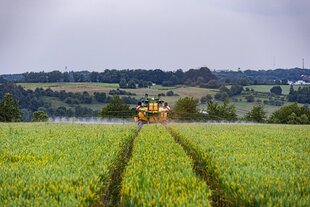 Ein Traktor mit Feldspritze sprüht Pestizide auf ein Feld in Nordrhein-Westfalen