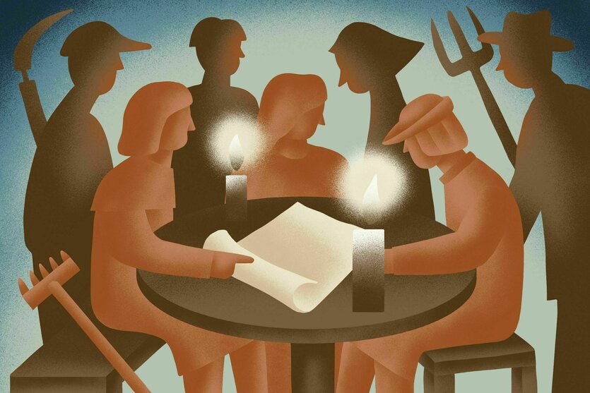 Illustration zeigt Personen an einem Tisch mit Misgabeln.