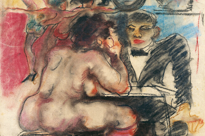 Zeichnung von einer Kneipenszene um 1930, eine nackte, üppige Frau sitzt mit dem Rücken zu den Betrachtenden mit einem Mann im Anzug an einem Tisch